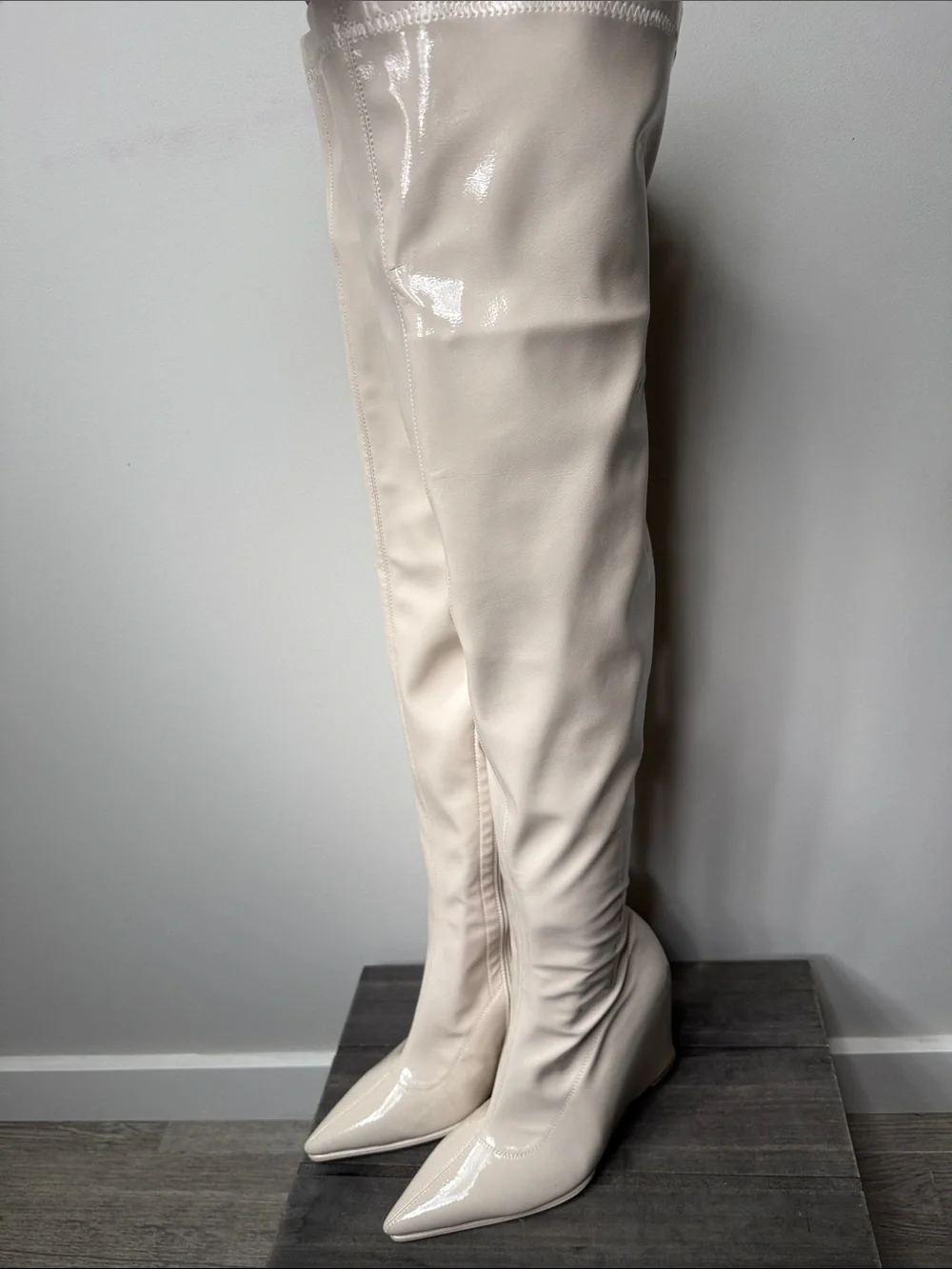 Ivory Patent Over-the-Knee Pointed Toe Boots NWOT